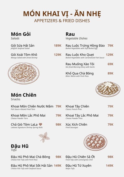 Menu món khai vị, gỏi, rau - Lalasea Bistro